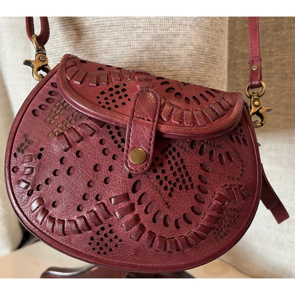 Frye Vivian Leather Crossbody Bag Brick Red Burgundy Whipstitch Boho Western